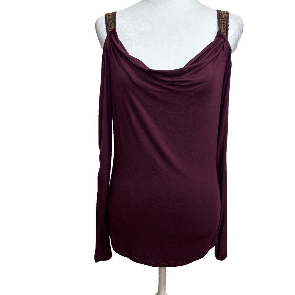Rock &‎ Republic Cold Shoulder Top Burgundy Cowl Neck Metallic Straps Edgy S